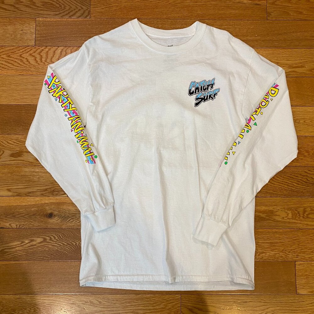 Catch Surf Crew Long Sleeve TShirt The Original Party Animal Surfer Dog White M